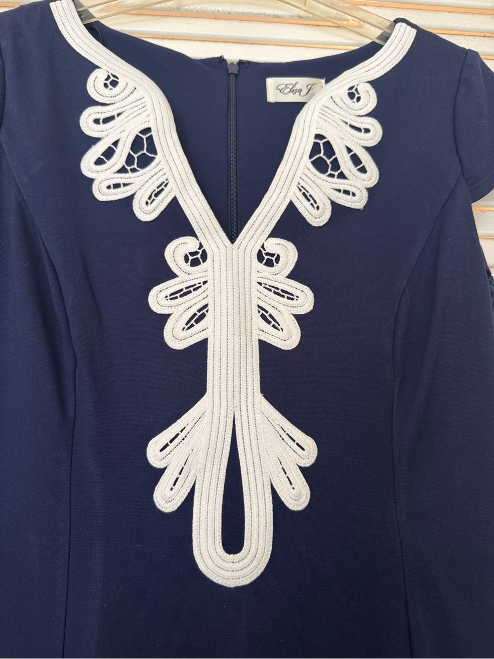 Eliza J Navy Midi Dress with White Embroidered V-Neck Detail - Picture 2 of 7